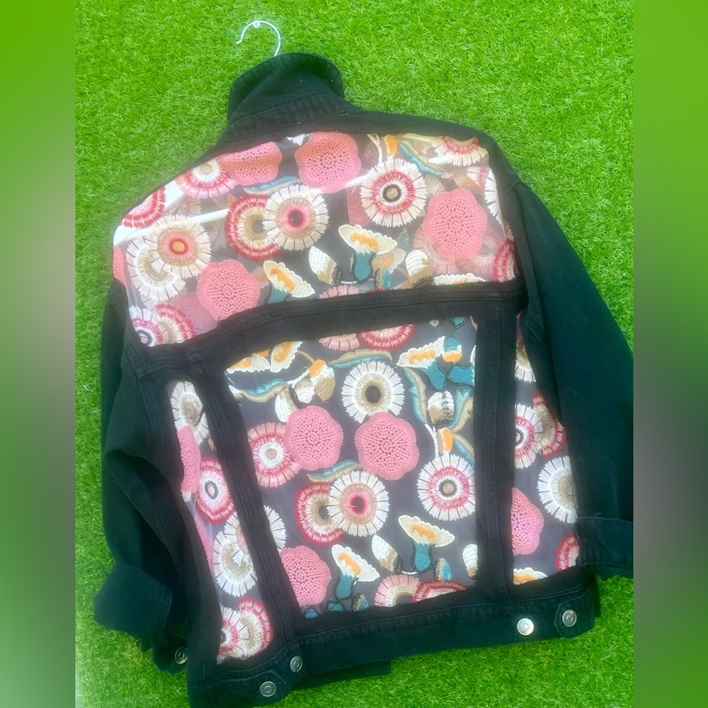 Handmade sheer panel floral denim jacket